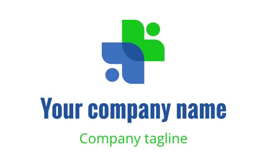 Modern logo ontwerp met overlappende blauwe en groene vormen