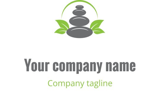 Gebalanceerd stenen logo ontwerp met groene bladeren en een gebogen lijn
