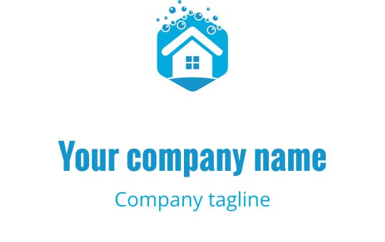 Modern blauw huis logo ontwerp met een hexagonale vorm en bellen