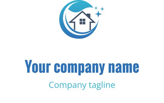 Modern logo ontwerp met een huis binnen een cirkelvormige blauwe golf