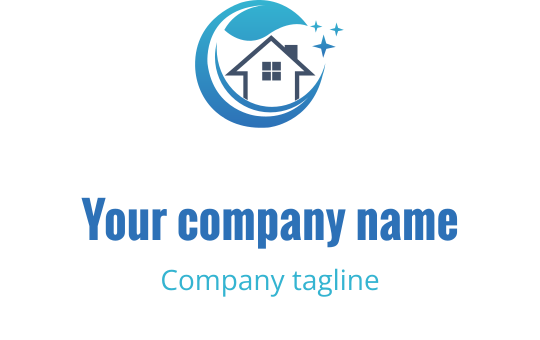Modern logo ontwerp met een huis binnen een cirkelvormige blauwe golf