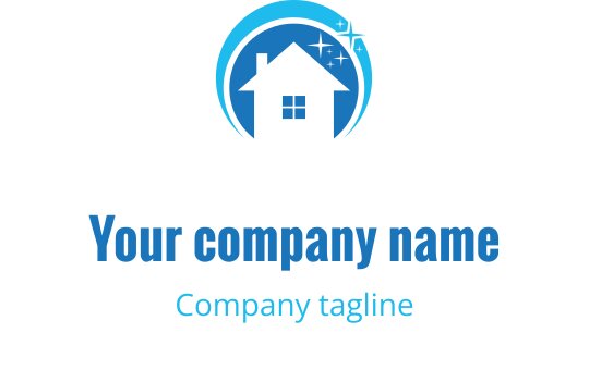 Modern blauw huis logo ontwerp met cirkelvormige accenten en sterren