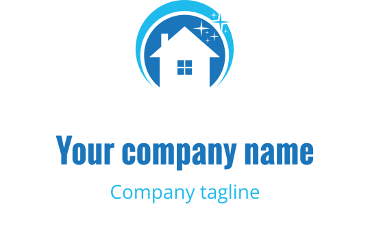 Modern blauw huis logo ontwerp met cirkelvormige accenten en sterren