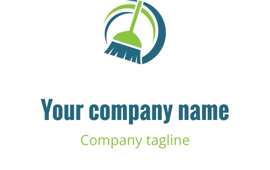 Modern logo ontwerp met een bezem en cirkelvormige elementen in groen en blauw