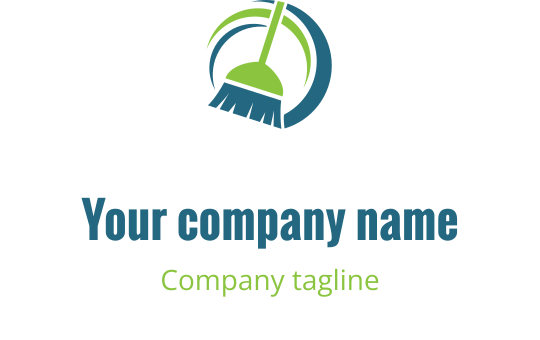 Modern logo ontwerp met een bezem en cirkelvormige elementen in groen en blauw