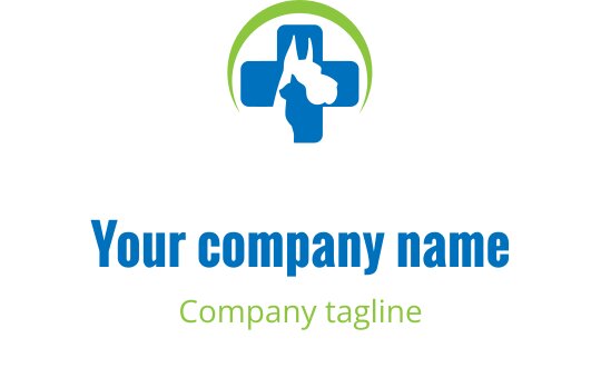 Modern logo ontwerp met een blauwe kruis en een hondensilhouet