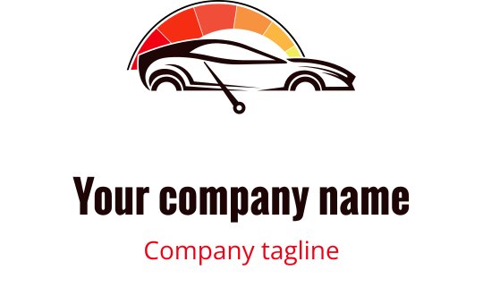 Strak auto logo ontwerp met een kleurrijke snelheidsmeter erboven