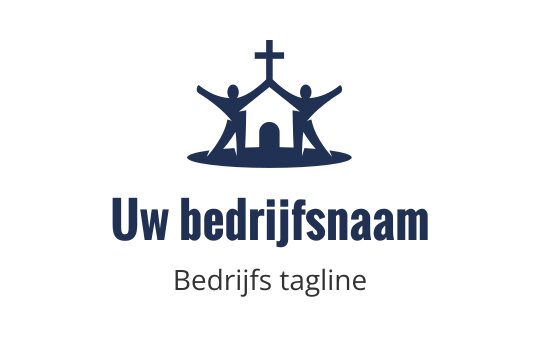 Gemeenschapsgericht logo ontwerp met een kerk en twee figuren met opgestoken armen