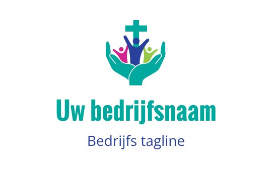 Kleurrijk logo ontwerp met handen die diverse figuren en een kruis ondersteunen