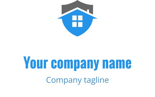 Schildvormig logo ontwerp met een blauwe huis silhouet en vetgedrukte tekst