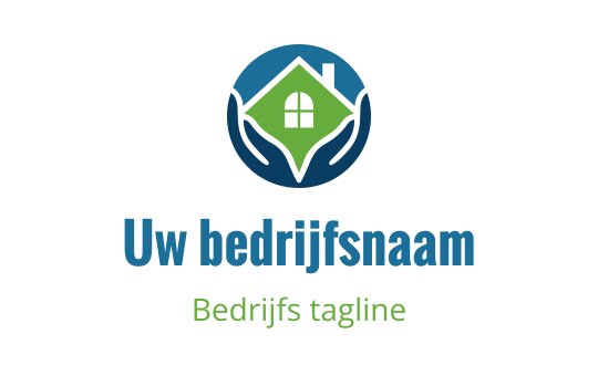 Modern logo ontwerp met een huis vastgehouden door twee handen in blauw en groen