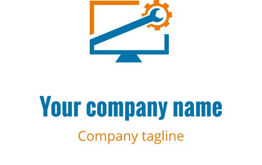 Modern logo ontwerp met een gestileerde computer in oranje en teal