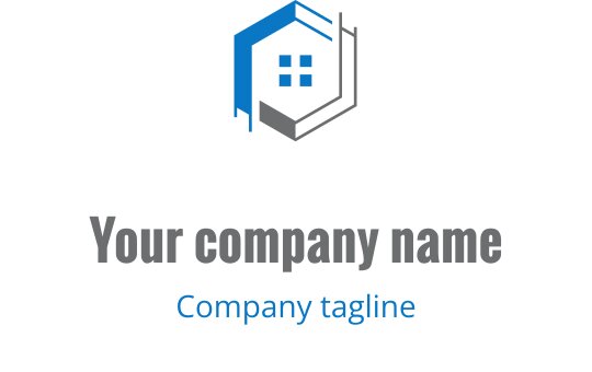 Modern hexagonaal logo ontwerp met een huisomtrek en blauwe accenten