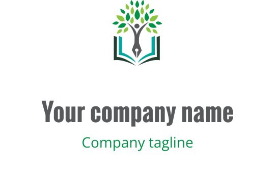 Modern logo ontwerp met gestileerde figuren en een open boek in teal en groen