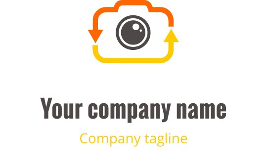 Minimalistisch camera logo ontwerp in grijs met oranje en gele accenten