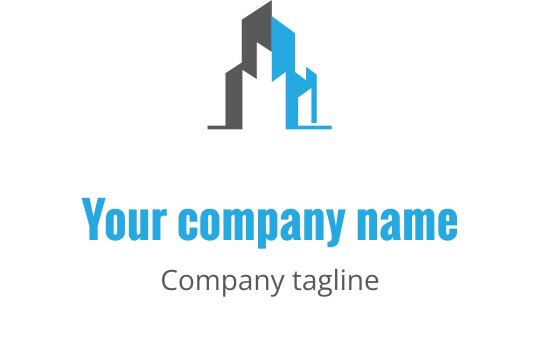 Minimalistisch grijs en blauw logo met een gestileerde gebouwomtrek