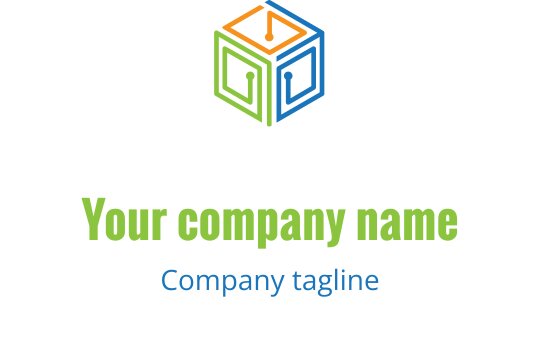 Modern logo ontwerp met een abstracte oranje en teal computervorm