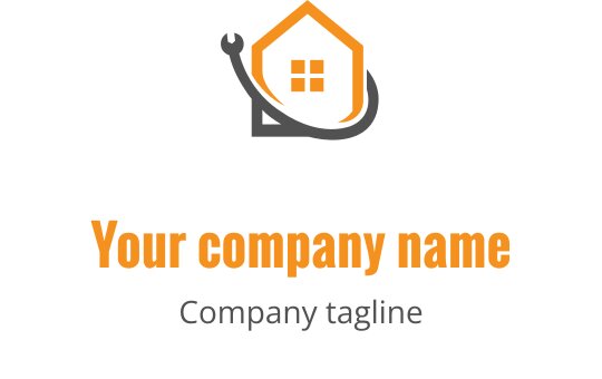 Modern huis logo ontwerp met een moersleutel en oranje accenten