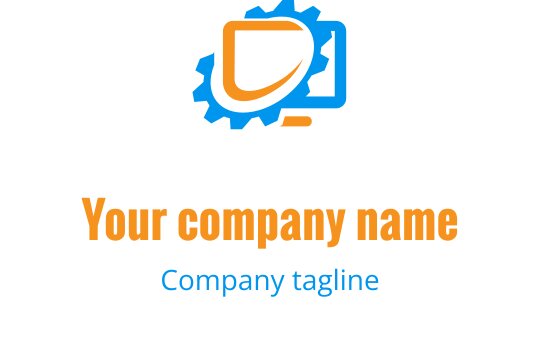 Modern blauw en oranje logo ontwerp met een gestileerde computer en gereedschappen